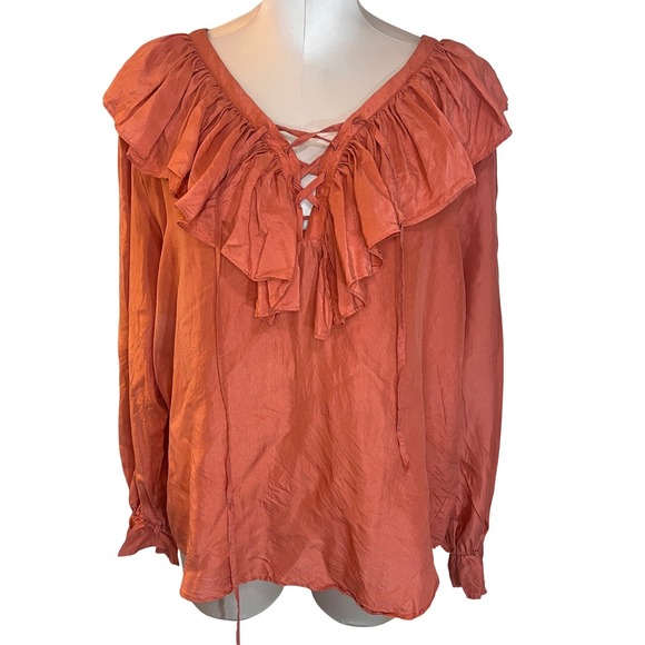New York Studio Tops - Vintage Womens Poet Edwardian Silk Ruffle Blouse Lace Up 90s Med Renaissance
